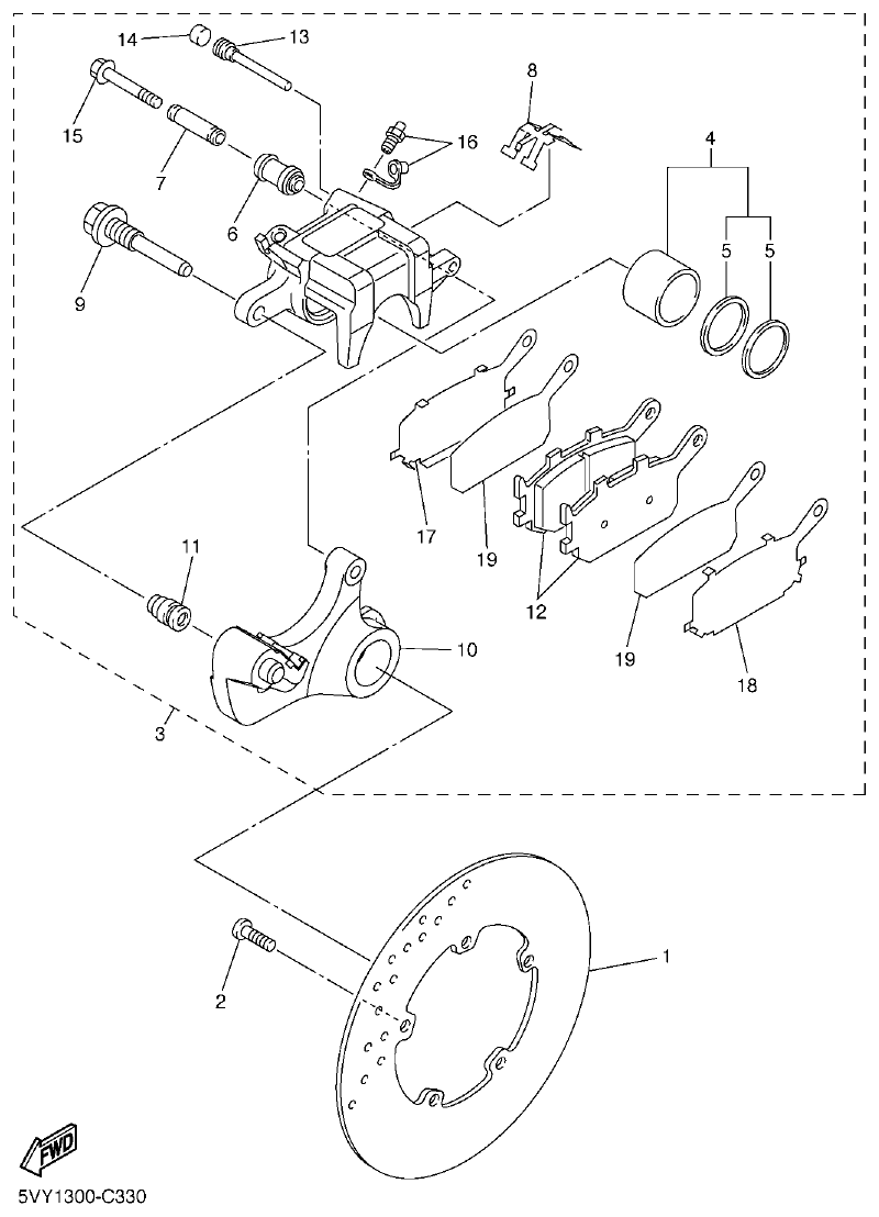 Yamaha R1 2008 REAR BRAKE CALIPER parts diagram